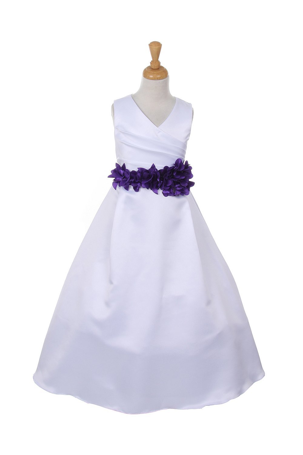 White/Purple Bridal Satin Flower Girl Dress with Removable Flower Sash White/Purple Bridal Satin Flower Girl Dress with Removable Flower Sash